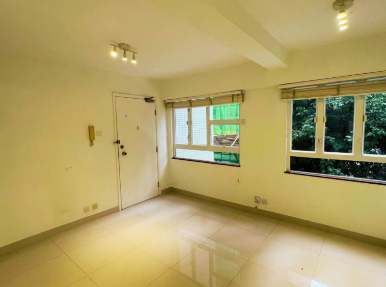 Wan Chai apartment entrance — main door with two large windows and natural light