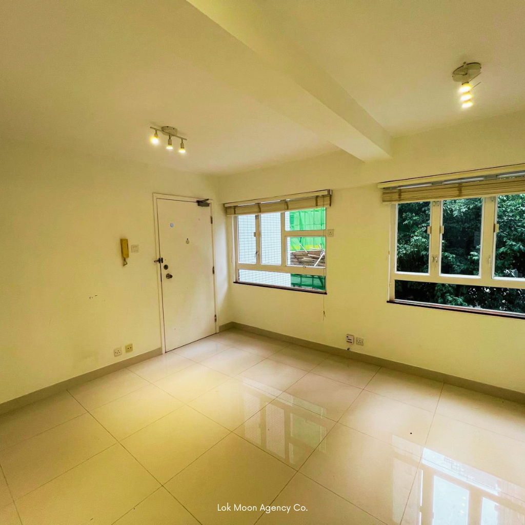 Wan Chai apartment entrance — main door with two large windows and natural light